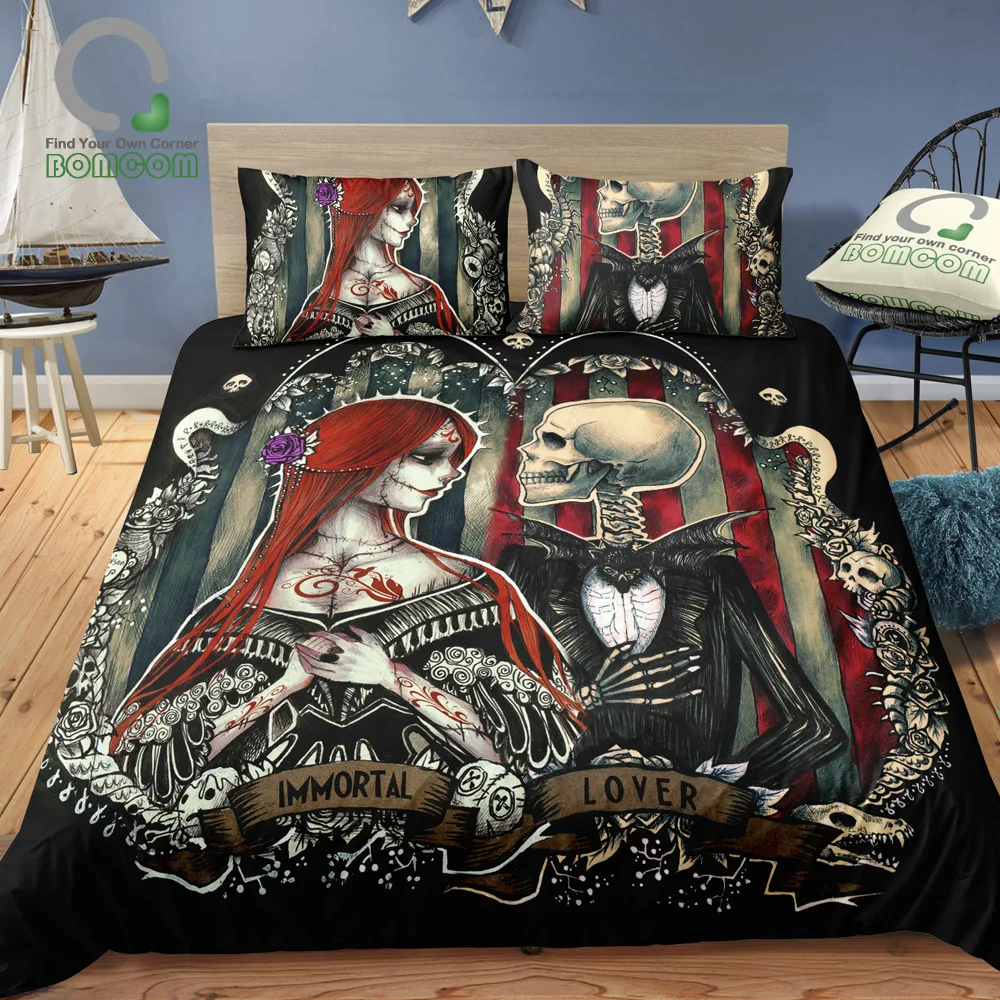

BOMCOM 3D Digital Printing Happy Halloween Nightmare before Christmas Style Sally & Jack Duvet Cover 100% Microfiber