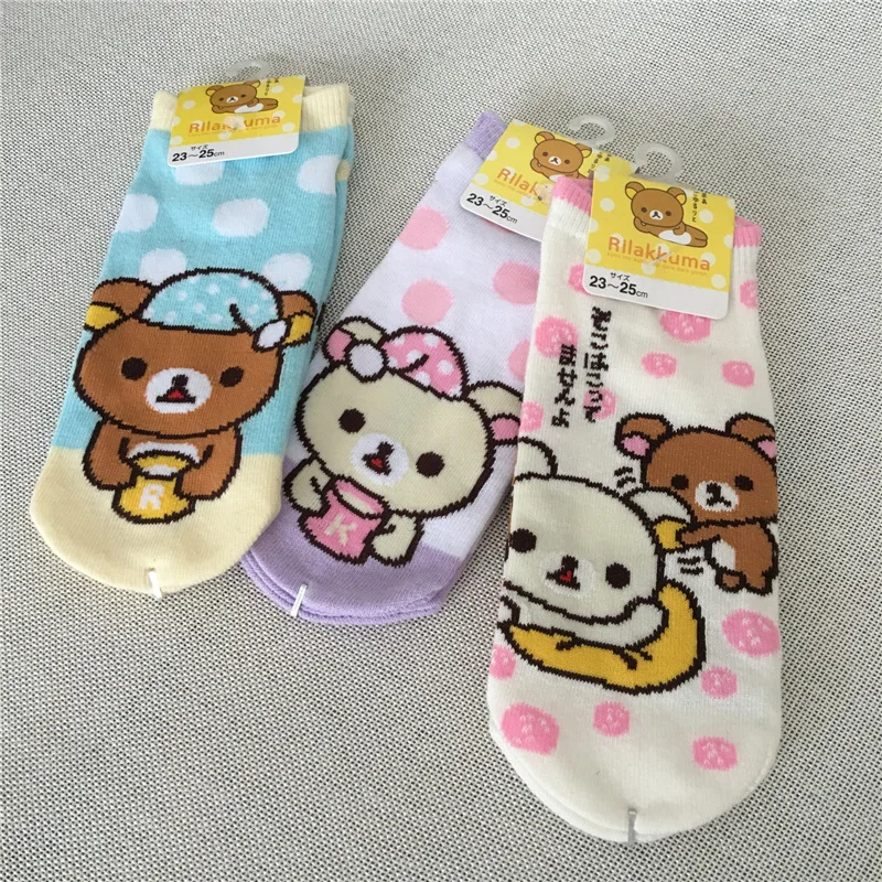 Rilakkuma/носки для костюмированной вечеринки в горошек с рисунком медведя; модные милые забавные Жаккардовые Женские носки; Летние Удобные желтые хлопковые короткие носки