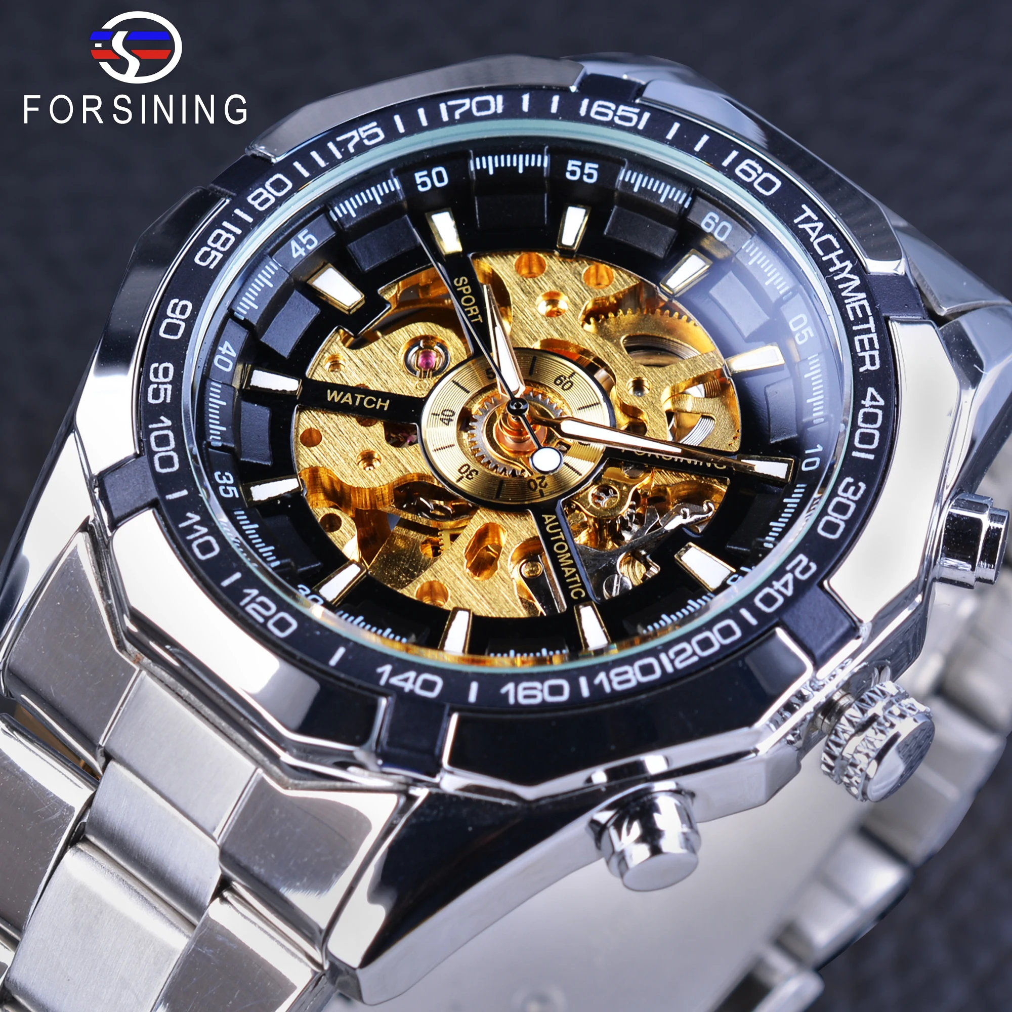 

Forsining Golden Gear Openwork Silver Case Steampunk Racing Sport Design Waterproof Mens Mechanical Skeleton Watch Folding Clasp