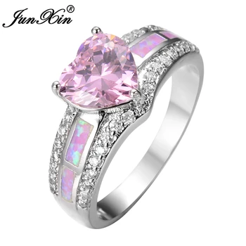 

JUNXIN New Romantic Pink Heart Female Opal Ring White Gold Filled Fashion Jewelry Promise Engagement Rings For Women RP0040