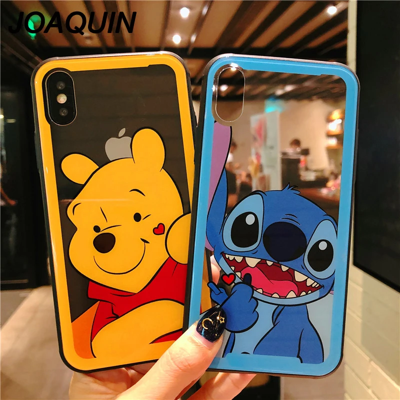 

Cartoon Tempered Glass Phone Case For iPhone X XR XS MAX 8 7 6 6s plus Cute Stitch Winnie Pooh Bear Protective Glass Cover Coque