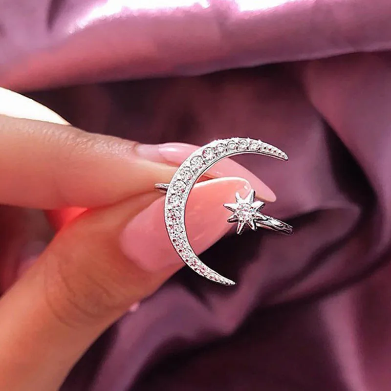 Mostyle женские кольца с открытой звездой и Луной для женщин, Серебряное розовое золото, милое кольцо с белым кристаллом, минималистичное ювелирное изделие