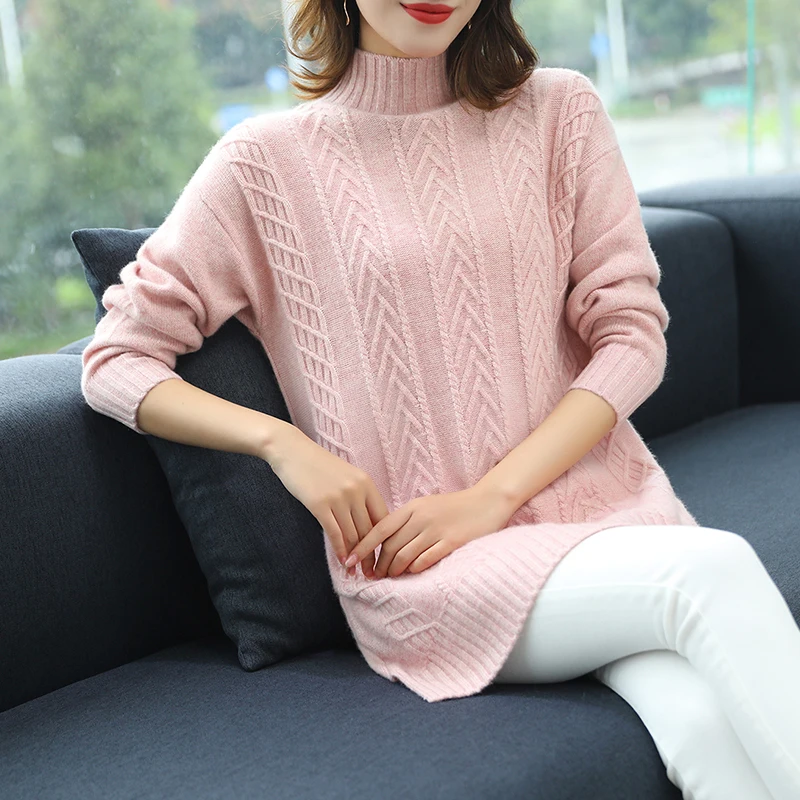 ^Cheap Brand Cashmere Wool Blend Sweater 2019 Spring Autumn New Pure Color Knit Turtleneck Sweater Loose Bottoming Long Sweater Women