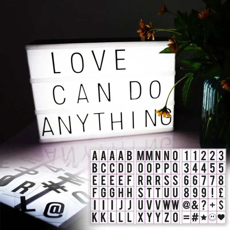 

LED Cinema Night Light DIY Letters Cards Box Lamp Letter Light Box A3 90 pcs Cards Home Decoration Romantic Plastic Lightbox S30