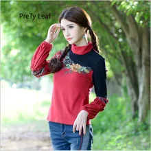 Осень и зима Национальный Ветер винтажная вышивка Высокий воротник тонкий длинный ремонт Футболка женская