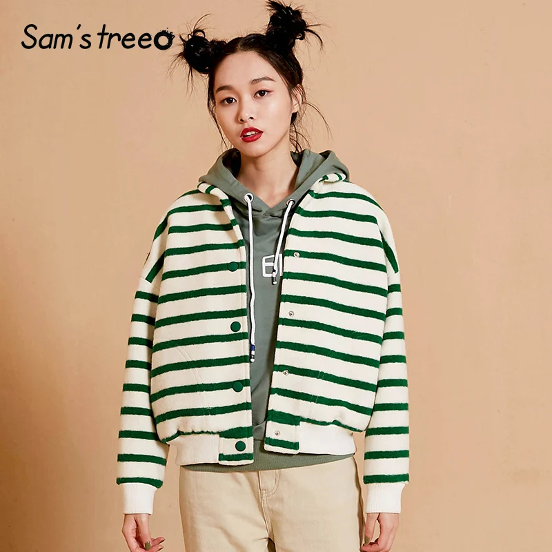 

Samstree Autumn Winter Women Wool Coat Striped Drop-shoulder Female Blends Preppy Style Cashmere Short Jacket Outwear