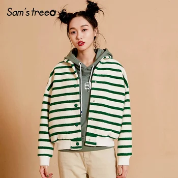 

Samstree Autumn Winter Women Wool Coat Striped Drop-shoulder Female Blends Preppy Style Cashmere Short Jacket Outwear