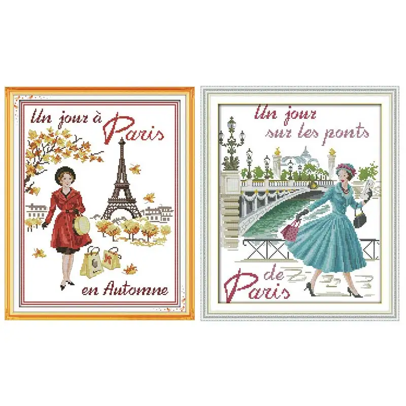

Fashion lady in Paris scenery counted printed on the canvas DMC 11CT 14CT DIY kits Cross Stitch embroidery needlework Sets