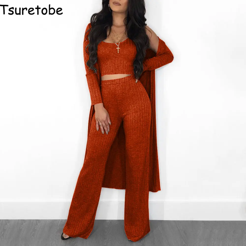 

Tsuretobe Knitting Casual Two Piece Set Women New Autumn Elegant Cardigan Outwear Tracksuit Wide Leg Fashion Two Piece Set