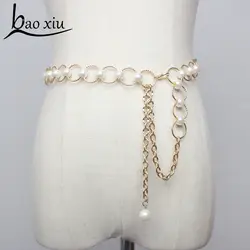 Новый Модный роскошный женский жемчужный ремень с металлической кисточкой золотистый ремень-цепочка длинный кулон платье серебряные