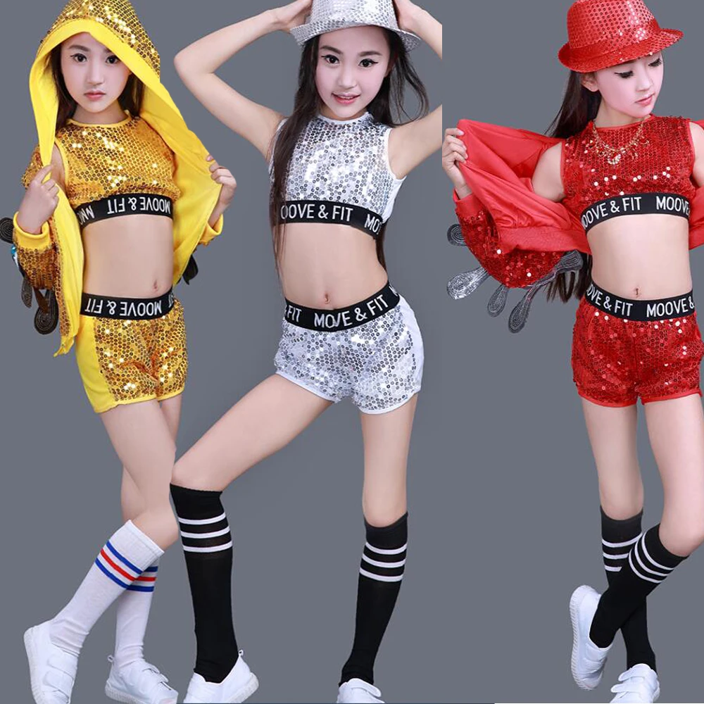 3 pieces Children Jazz Dance Costumes Girls Street Dance Sequined Party Show Clothes Modern Child hip hop Stage wear Outfits