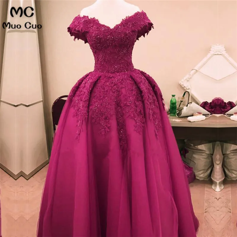 Burgundy Lace Off Shoulder Tulle Floor Length Evening Gowns 201721