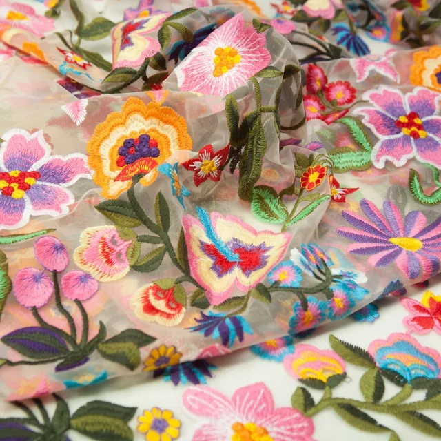 Buy Couture fashion embroidery bright yellow/pink flower green leaves sheer