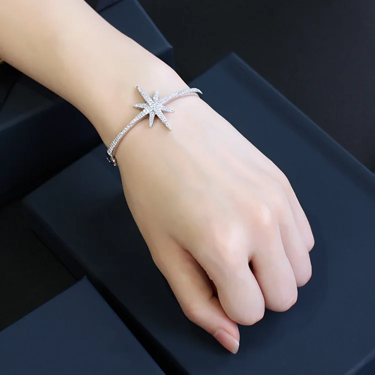 

YP658 925 Sterling Silver Square Star Zircon Crystal Cuff Bangle OL Star design A*M Bracelet Women Wedding jewelry