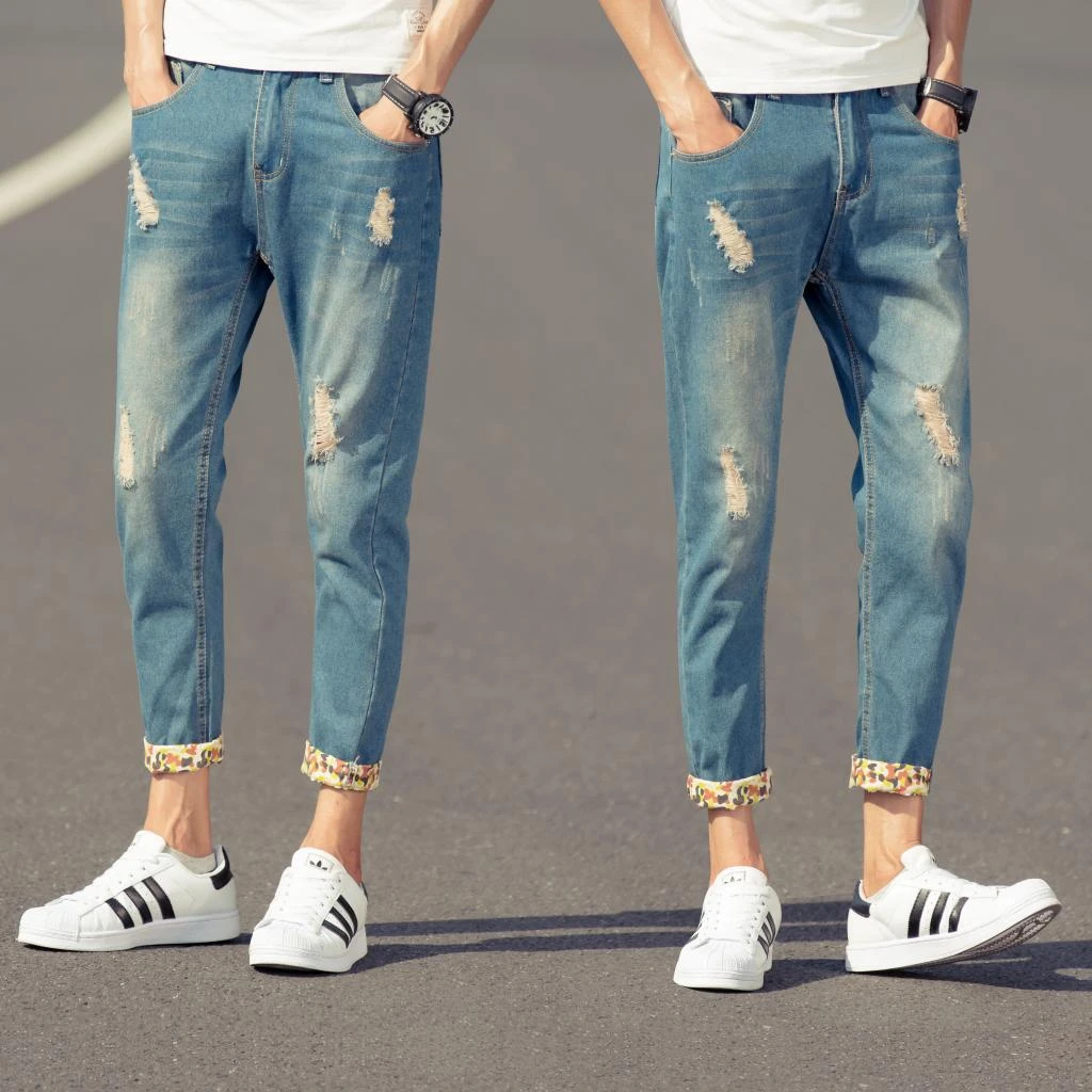 9新しいで夏と秋着用カフズボンメンズスタンピングフィート9パンツ男性ファッション破れたジーンズ Pants Skinny Jeans Jeans Shjeans Apron Aliexpress