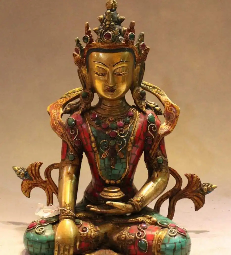 

10"Tibet Buddhism Bronze Gold Turquoise Coral Gem Shakyamuni Buddha Statue