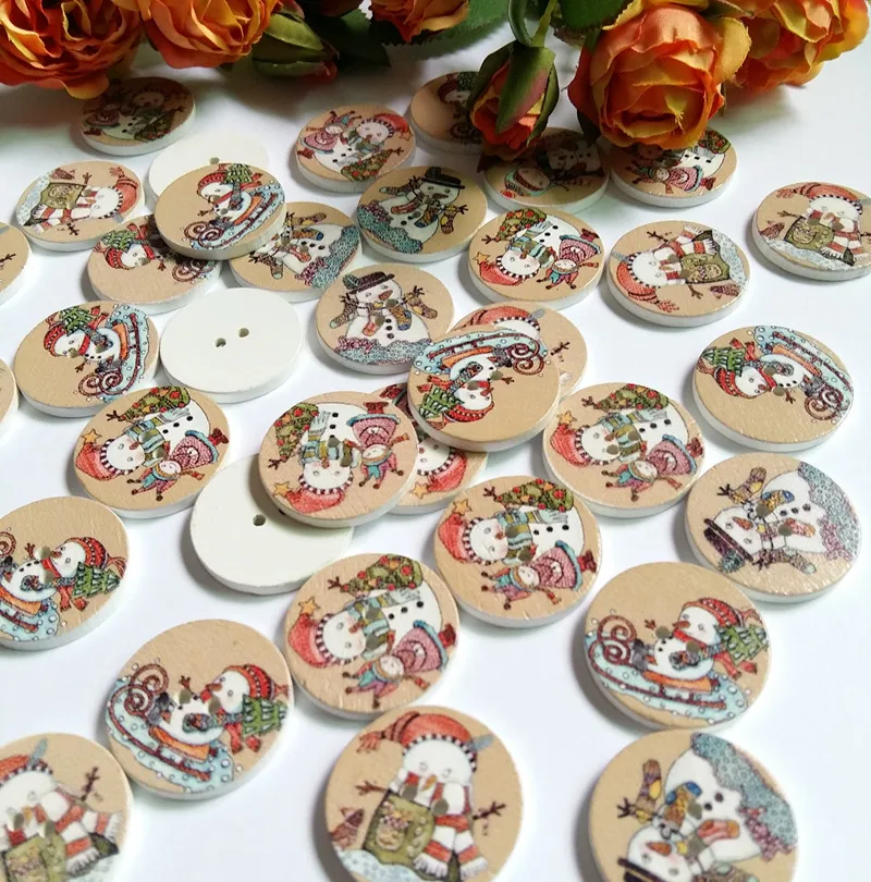 50pcs/lot Painting Christmas series buttons DIY sewing home textile Round 2 Holes wooden button 25 mm Mix Design 5