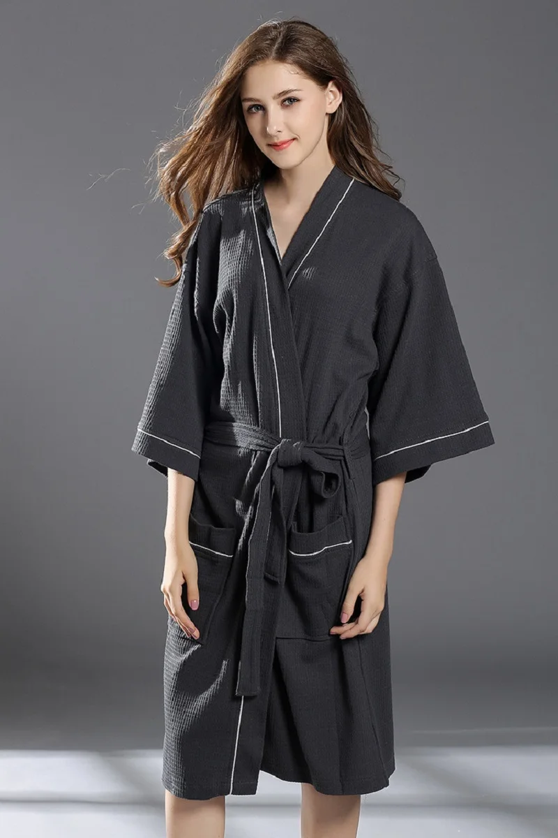 Большие размеры весна хлопок вафельные халаты женские халат мужчины три четверти длины рукава пижамы сплошной цвет мягкие дышащие