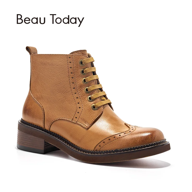 

BeauToday Ankle Boots Women Lace-Up Genuine Cow Leather Wingtip Autumn Winter Lady Brogue Fashion Shoes Handmade 03227