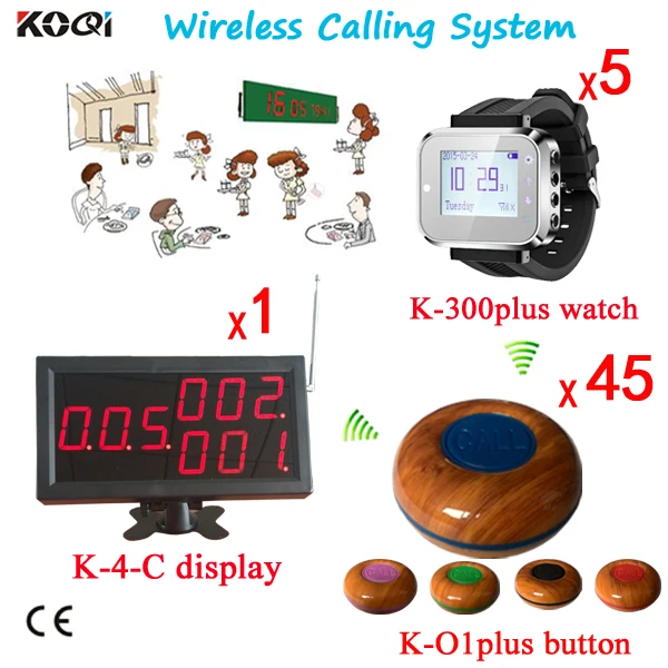 Wireless Calling Pager System for Restaurant Push Button ( 1pcs Panel Display With 5pcs Wrist Watch and 45pcs Bell Buzzer)