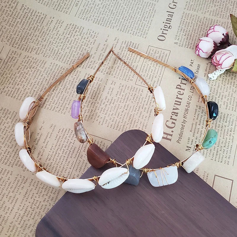 

Fashion Colorful Stones Shell Conch Hairbands Metal Gold Color Headbands Beach Vacation Jewelry for Women Hair Accessories