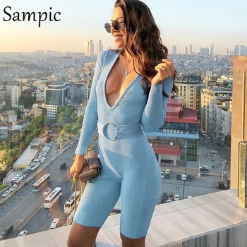 

Sampic sexy woman cotton sashes skinny short deep v neck romper high waist long sleeve bodycon romper autumn 2019