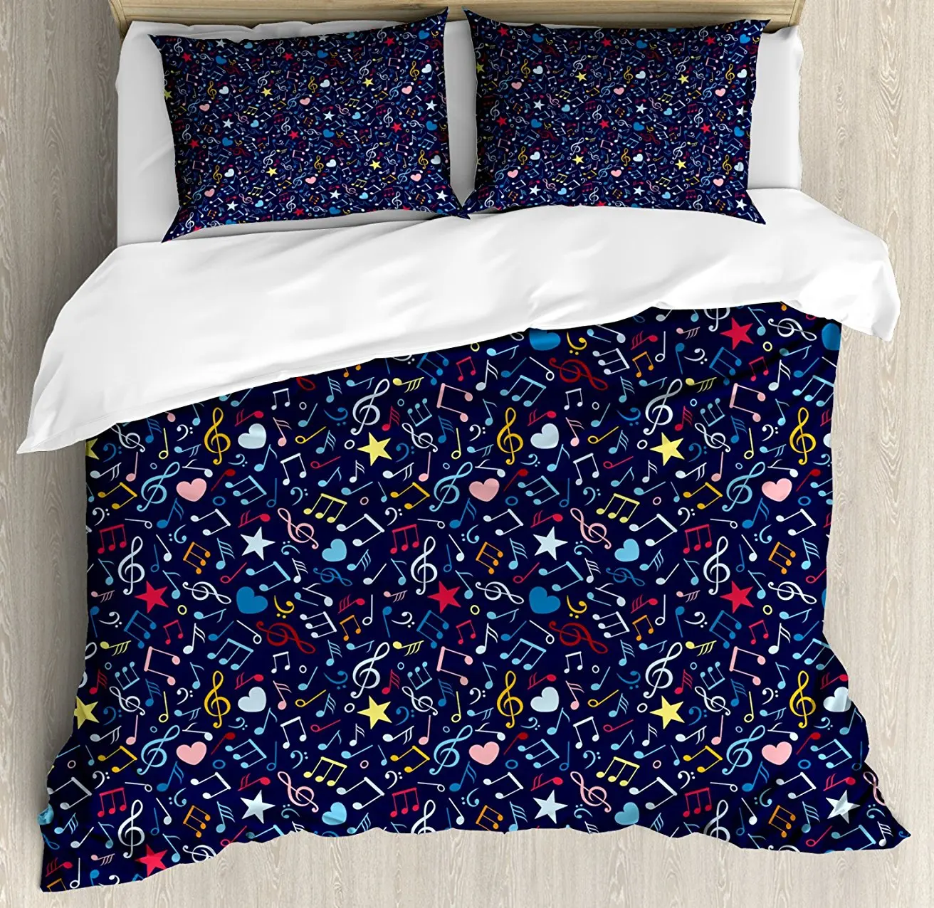 

Music Duvet Cover Set, Hearts Notes Stars Melodic Inspiration Musical Lifestyle Rhythm in My Heart Design 4 Piece Bedding Set