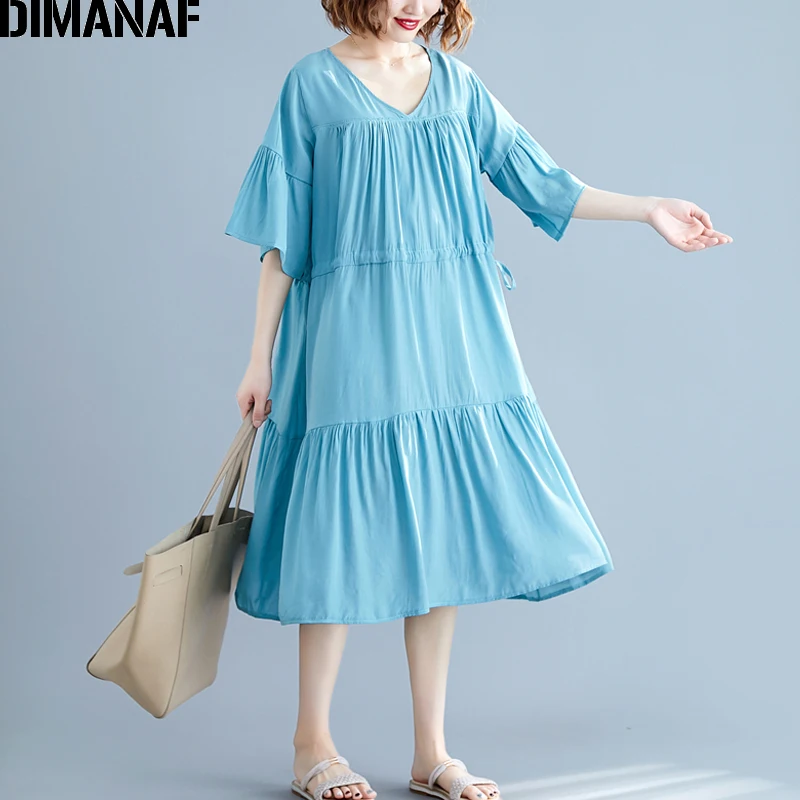 

DIMANAF Plus Size Women Dress Big Size Lady Elegant Pleated Spliced Female Vestidos Loose Cotton Dress Summer Sundress Blue 2019