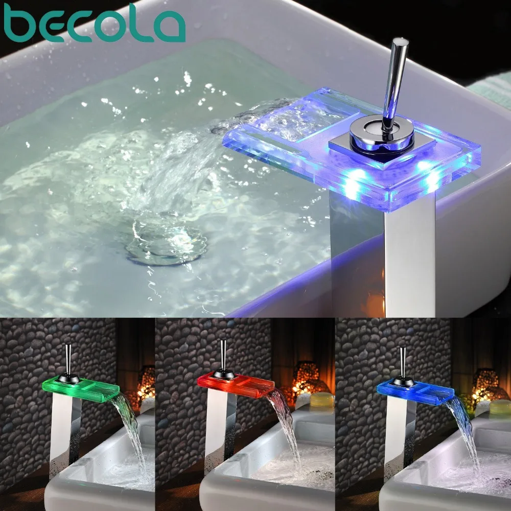 BECOLA Glass sink faucet led waterfall tap chrome single lever bathroom