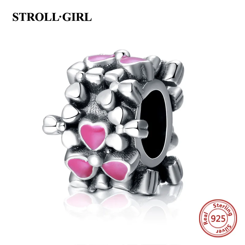 

Strollgirl Authentic 925 sterling silver Petal Beads Surrounded By Pink Hearts Fit European Bracelets For Women Fashion Jewelry