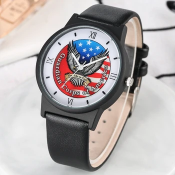 

Guardian Corps of America Flag Men's Watch Quartz Creative Eagle Pattern Dial Watch Fashion Black PU Leather Luxury reloj Hombre