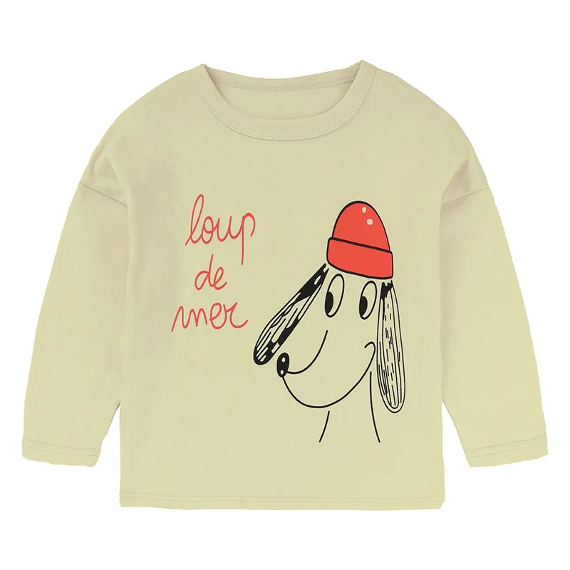 Топ, футболка для мальчиков с принтом животных, Детская футболка для мальчиков Осенняя детская футболка хлопковые топы с длинными рукавами для девочек, футболка с рисунком для малышей - Цвет: Beige dog