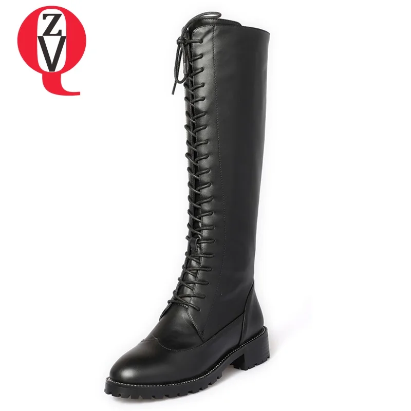 

ZVQ high quality cow leather side zipper square heel winter big size round toe long boots woman black lace-up motorcycle boots