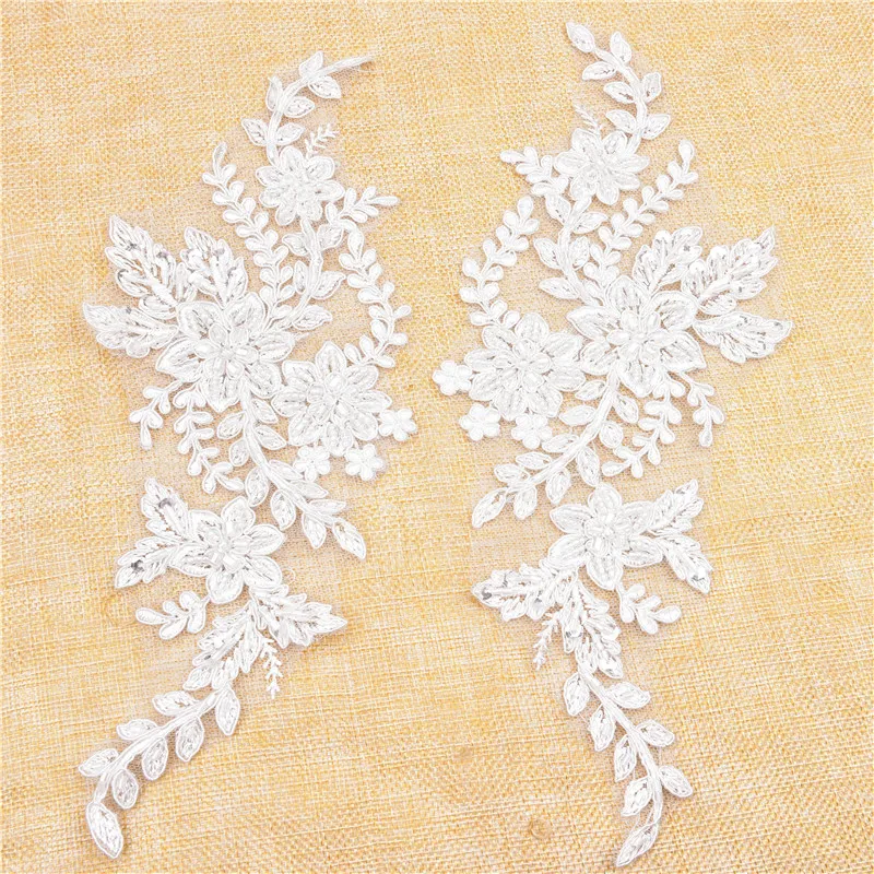 

1pair pearl Appliques For Wedding Belt silver Crystal Beads Sew On Full dress lace Rhinestone mesh Appliques Bridal Accessories
