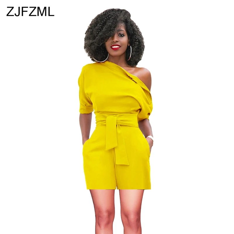 ZJFZML Solid Plus Size Rompers Womens Jumpsuit 2018 One Shoulder Short Sleeve One Piece Playsuit Elegant Sashes Short Bodysuits
