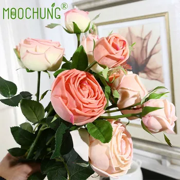 

Real Touch 3 Heads Artificial Decorative Eternal Tea Rose Silk Fake Flower Arrangement For Wedding Party Home Decor High Quality