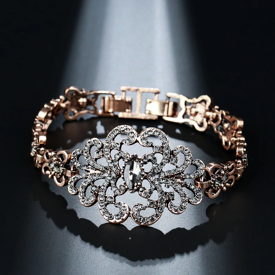 Wbmqda Luxury Gray Crystal Flower Bracelet For Women Antique Gold Luxury Gray Crystal Flower Bracelet