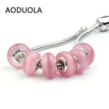 

10 Pcs a Lot Pink Glass Opal Silver Beads Natural Cat Eye Stone Murano European Czech Bead Fit For Pandora Charms Bracelet