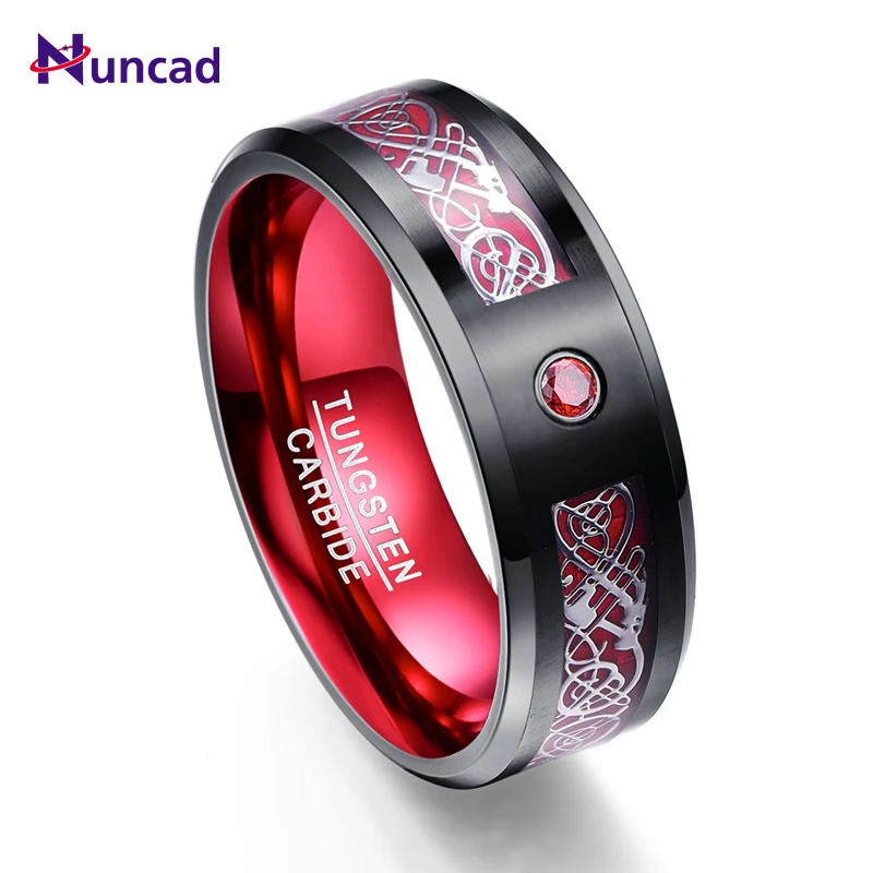 New Arrival Silver Dragon Pattern Red Zircon Men Rings 100% Tungsten Carbide Wedding Bands Anillos Para Hombres Ring