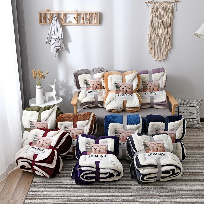 Deluxe Large Lamb Blanket solid color winter blanket single double thickened sofa bed blanket can flip