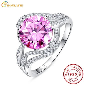 

BONLAVIE 925 Sterling Silver 5 Carat Ring Vintage Hollow Oval Stone Jewelry for Women Pink Topaz Finger Rings Wedding Band Gift