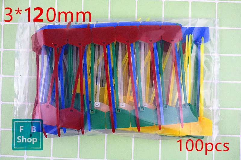 

100PCS/Pack hybrid 5 color 3 x 120mm wide 2.5mm power zipper is written on the Ethernet wire and cable label.
