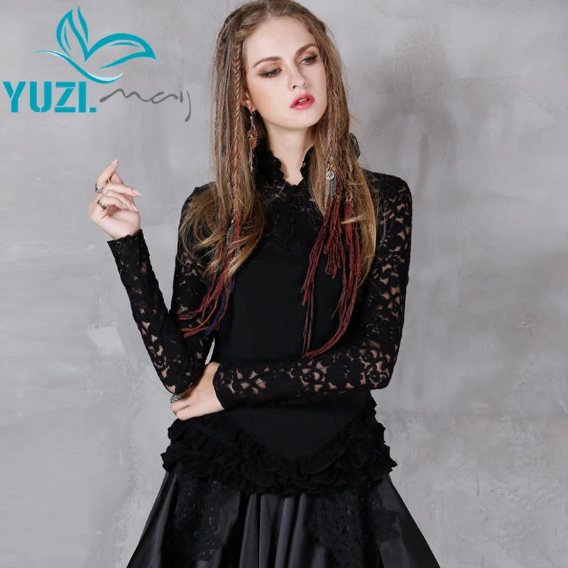 

Women Blouses 2017 Yuzi.may Boho New Lace Blouse Hollow Out Stand Collar Ruffles Hem Patchwork Blusas B9151 Blusa Feminina