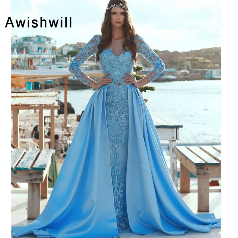 3 Gorgeous New Arrival Blue Evening Dresses 2019 Scoop Long Sleeves A-Line Appliques Satin Overskirt Formal Dresses Vestidos
