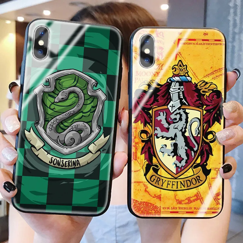 

Harry Potter Slytherin School Crest Tempered glass cases for iPhone 6 6s 8 8Plus X 7 7Plus XR Xs Max