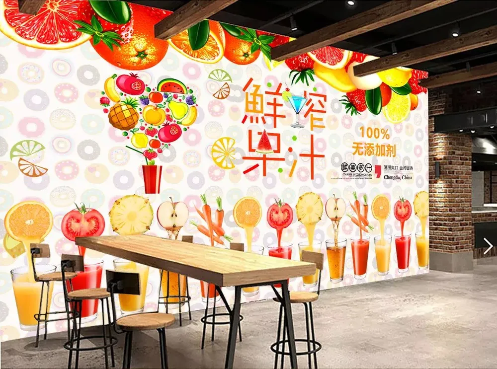 

Free Shipping Custom Wallpaper Mural Fresh Juice Bar Tea Shop Coffee Background Wall Painting Decoration Commercial Wallpaper