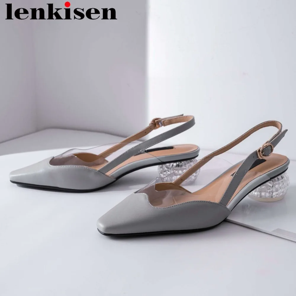 

Lenkisen elegant lady slingback popular buckle strap jelly shoes natural leather sexy square toe crystals med heels sandals L16