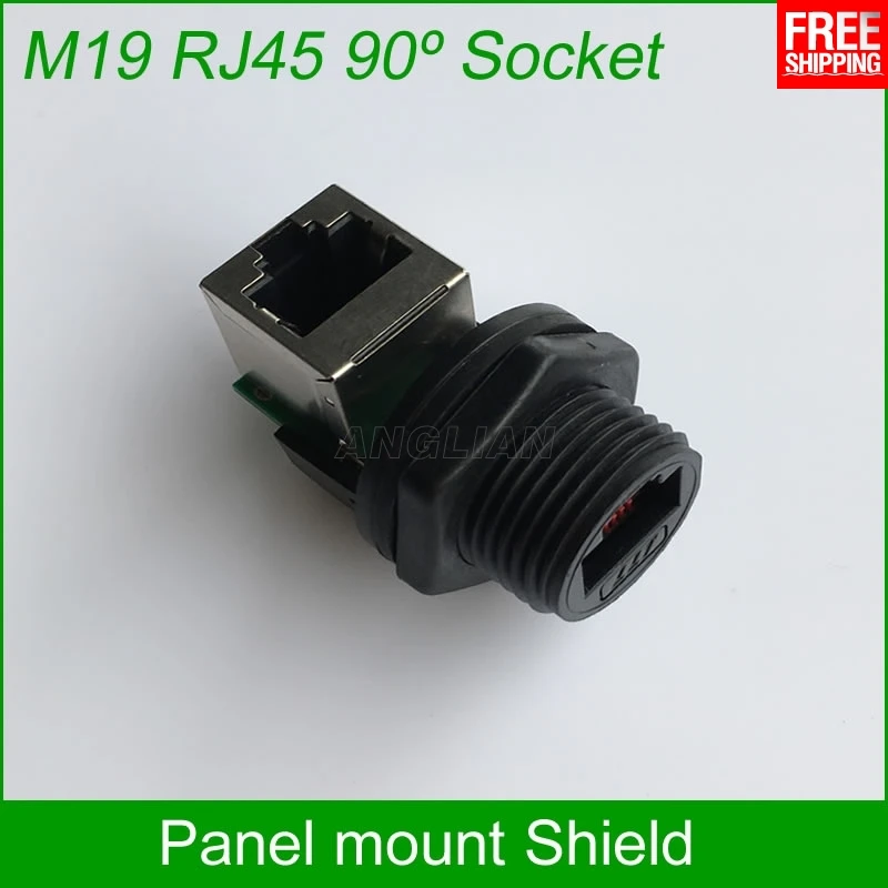 

90 degree RJ45 connector M19 thread size panel mount 8P8C Female network cable Socket Waterproof Dustproof Connector cap 1 unit