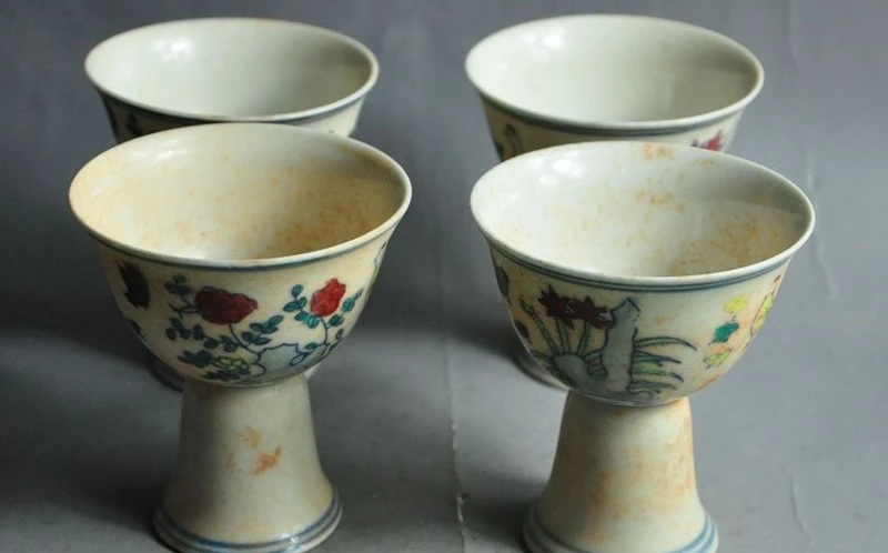 

marked china wucai Porcelain chicken rooster flowers statue goblet cup bowl set