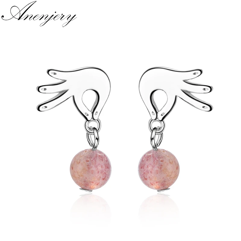 

Anenjery Cute Personality 925 Sterling Silver Natural Strawberry Crystal Beads Earrings For Women Girl Accessories S-E597